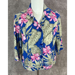 Chicos Jacket Womens 2 Large Blue Pink Tropical Floral Linen‎ 3/4 Sleeve Beachy